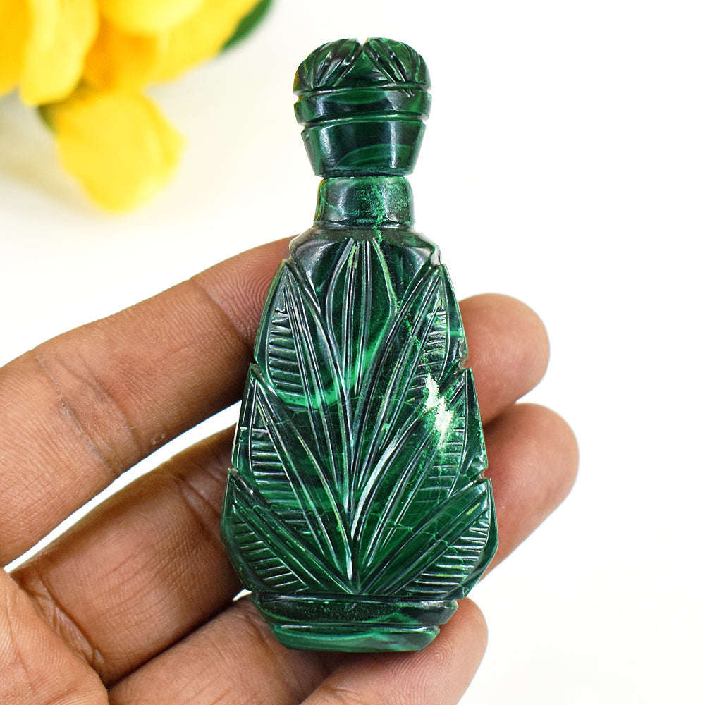 gemsmore:Stunning Malachite Hand Carved Genuine Crystal Gemstone Carving Perfume Bottle