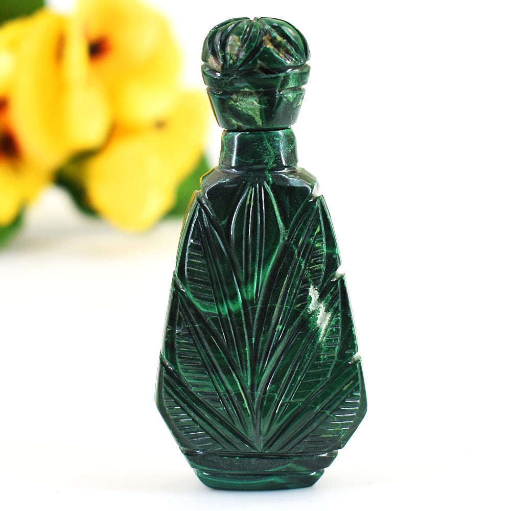 gemsmore:Stunning Malachite Hand Carved Genuine Crystal Gemstone Carving Perfume Bottle