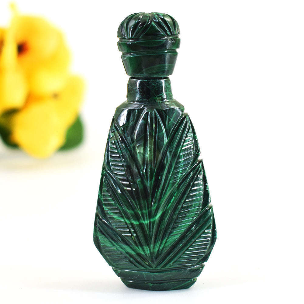 gemsmore:Stunning Malachite Hand Carved Genuine Crystal Gemstone Carving Perfume Bottle