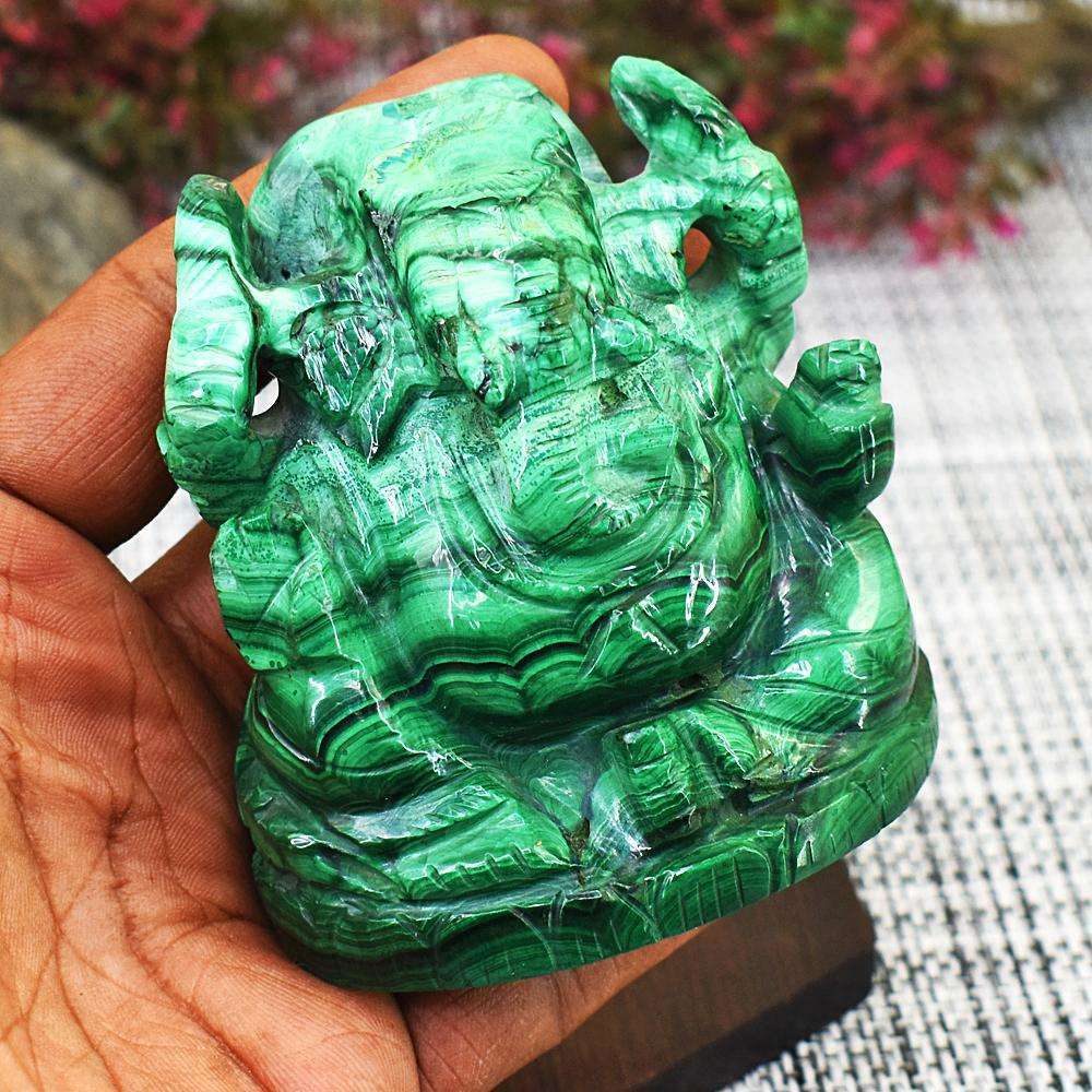 gemsmore:Stunning Malachite Hand Carved Lord Ganesha