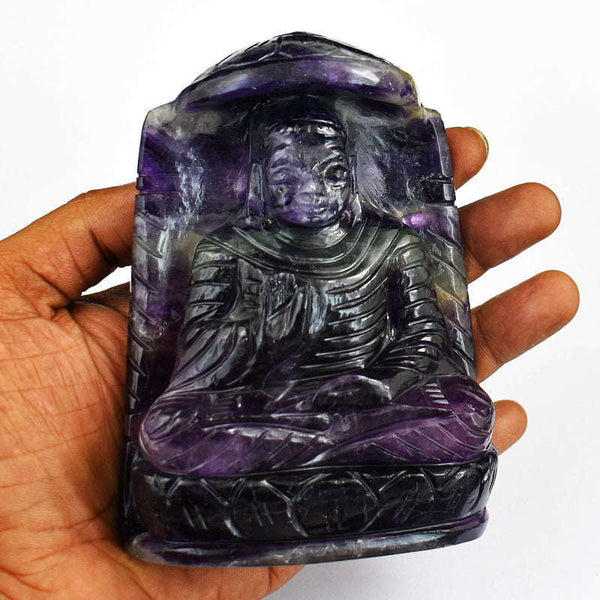 gemsmore:Stunning Multicolor Fluorite Hand Carved Genuine Crystal Gemstone Carving Leaf Palm Lord Buddha