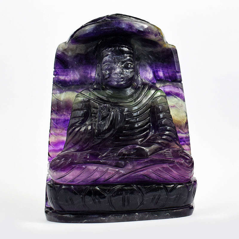 gemsmore:Stunning Multicolor Fluorite Hand Carved Genuine Crystal Gemstone Carving Leaf Palm Lord Buddha