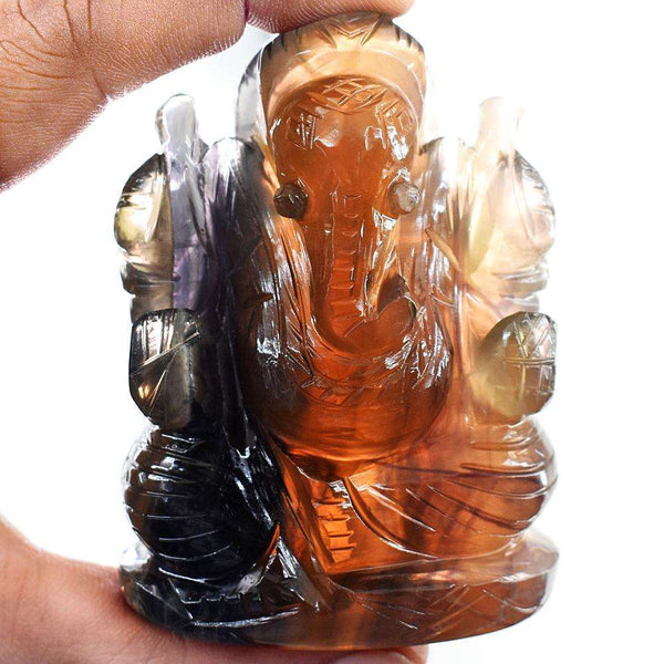 gemsmore:Stunning Multicolor Fluorite Hand Carved Genuine Crystal Gemstone Carving Lord Ganesha