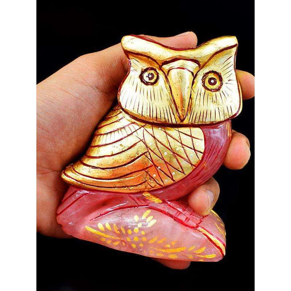 gemsmore:Stunning Pink Rose Quartz Enamel Painted Carved Owl