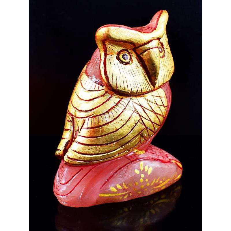 gemsmore:Stunning Pink Rose Quartz Enamel Painted Carved Owl