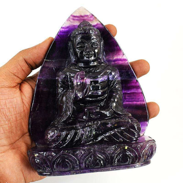 gemsmore:Stunning Purple Fluorite Hand Carved Genuine Crystal Gemstone Carving Massive Leaf Palm Lord Buddha