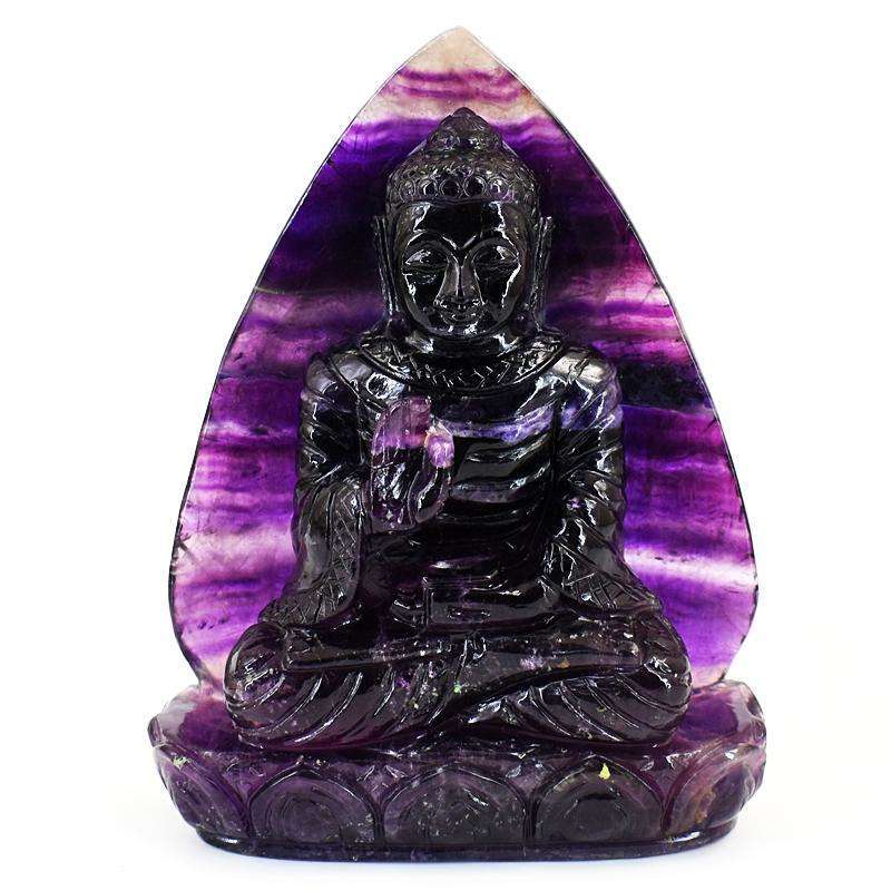 gemsmore:Stunning Purple Fluorite Hand Carved Genuine Crystal Gemstone Carving Massive Leaf Palm Lord Buddha