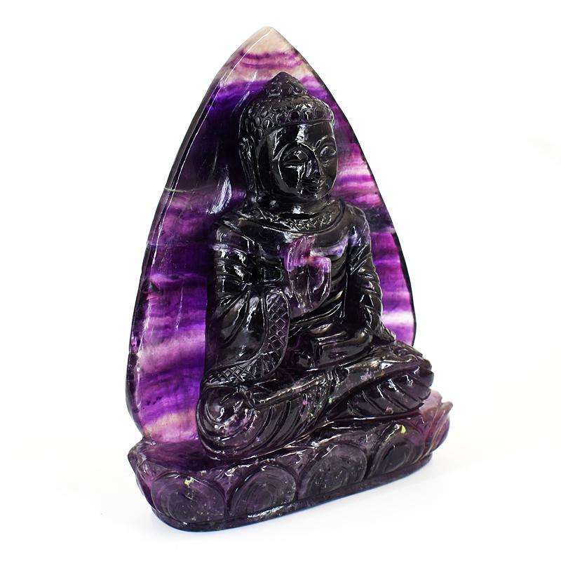 gemsmore:Stunning Purple Fluorite Hand Carved Genuine Crystal Gemstone Carving Massive Leaf Palm Lord Buddha