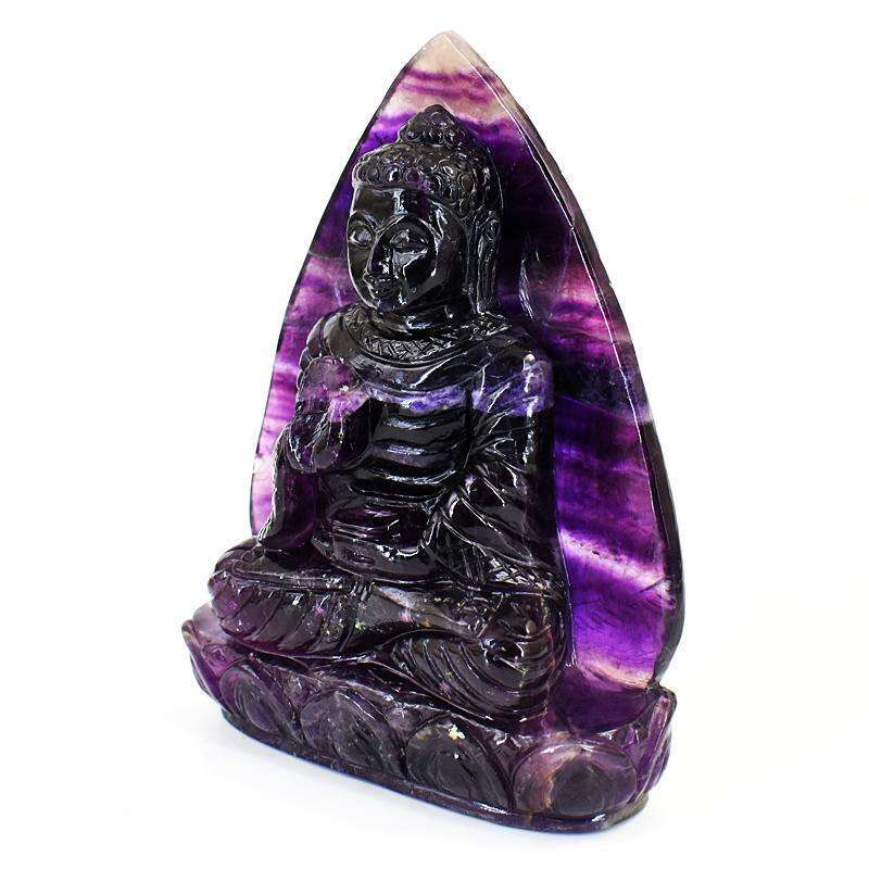 gemsmore:Stunning Purple Fluorite Hand Carved Genuine Crystal Gemstone Carving Massive Leaf Palm Lord Buddha