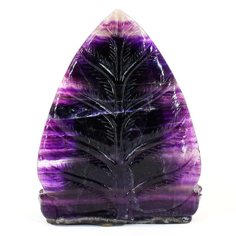 gemsmore:Stunning Purple Fluorite Hand Carved Genuine Crystal Gemstone Carving Massive Leaf Palm Lord Buddha