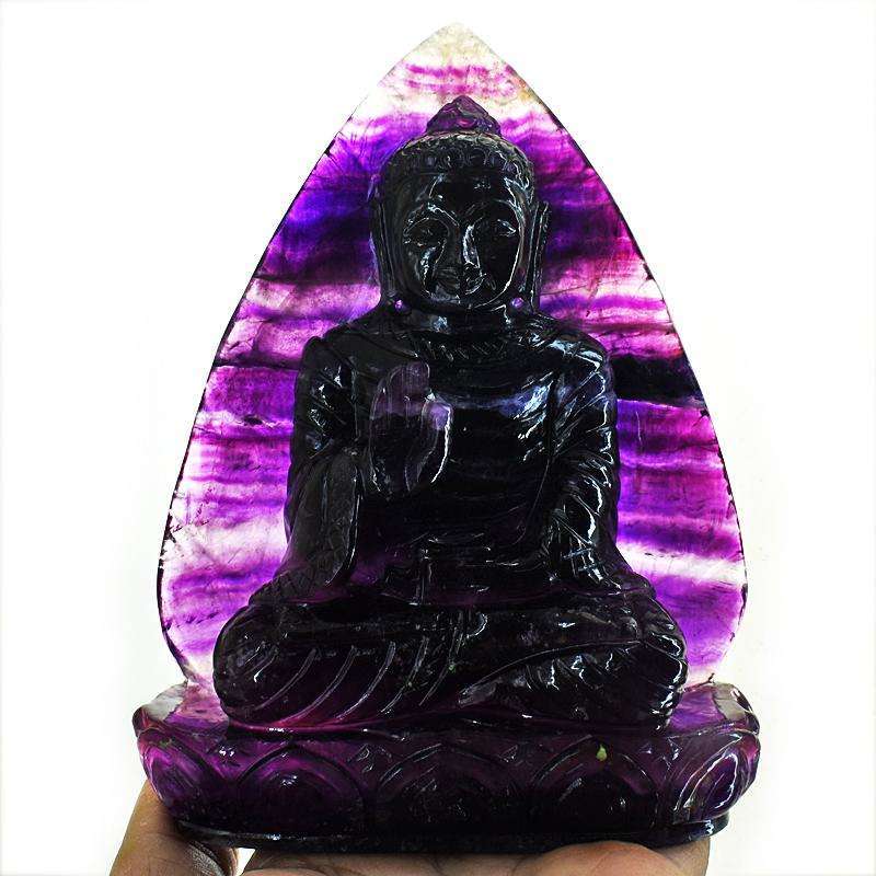 gemsmore:Stunning Purple Fluorite Hand Carved Genuine Crystal Gemstone Carving Massive Leaf Palm Lord Buddha