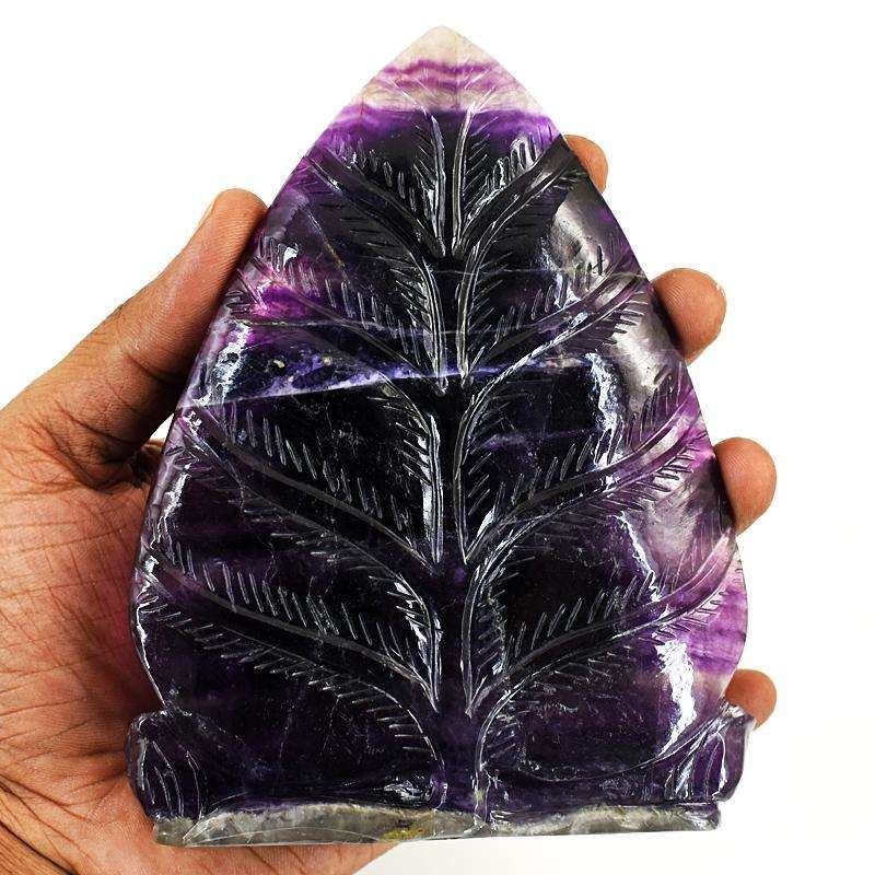 gemsmore:Stunning Purple Fluorite Hand Carved Genuine Crystal Gemstone Carving Massive Leaf Palm Lord Buddha