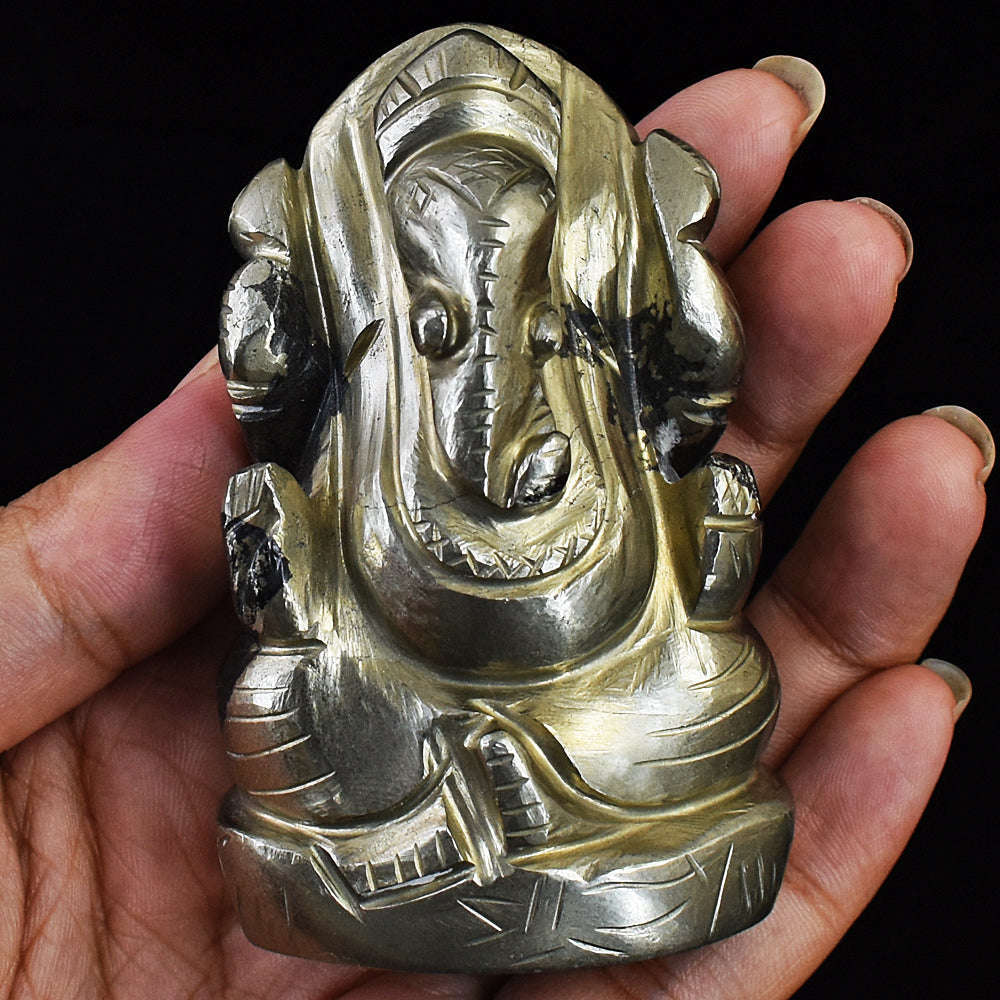 gemsmore:Stunning Pyrite Hand Carved Genuine Crystal Gemstone Carving Lord Ganesha