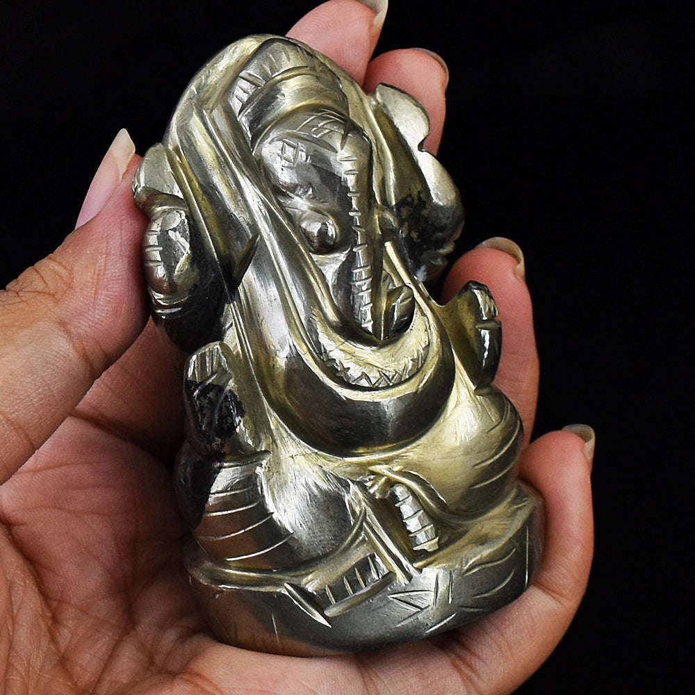 gemsmore:Stunning Pyrite Hand Carved Genuine Crystal Gemstone Carving Lord Ganesha