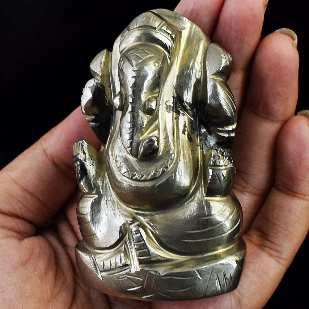 gemsmore:Stunning Pyrite Hand Carved Genuine Crystal Gemstone Carving Lord Ganesha