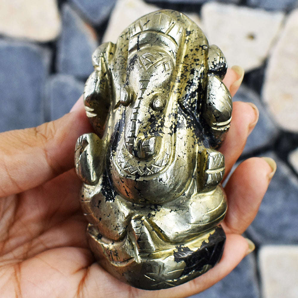 gemsmore:Stunning Pyrite Hand Carved Genuine Crystal Gemstone Carving Lord Ganesha