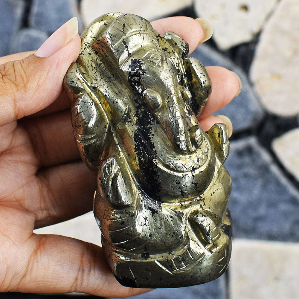 gemsmore:Stunning Pyrite Hand Carved Genuine Crystal Gemstone Carving Lord Ganesha