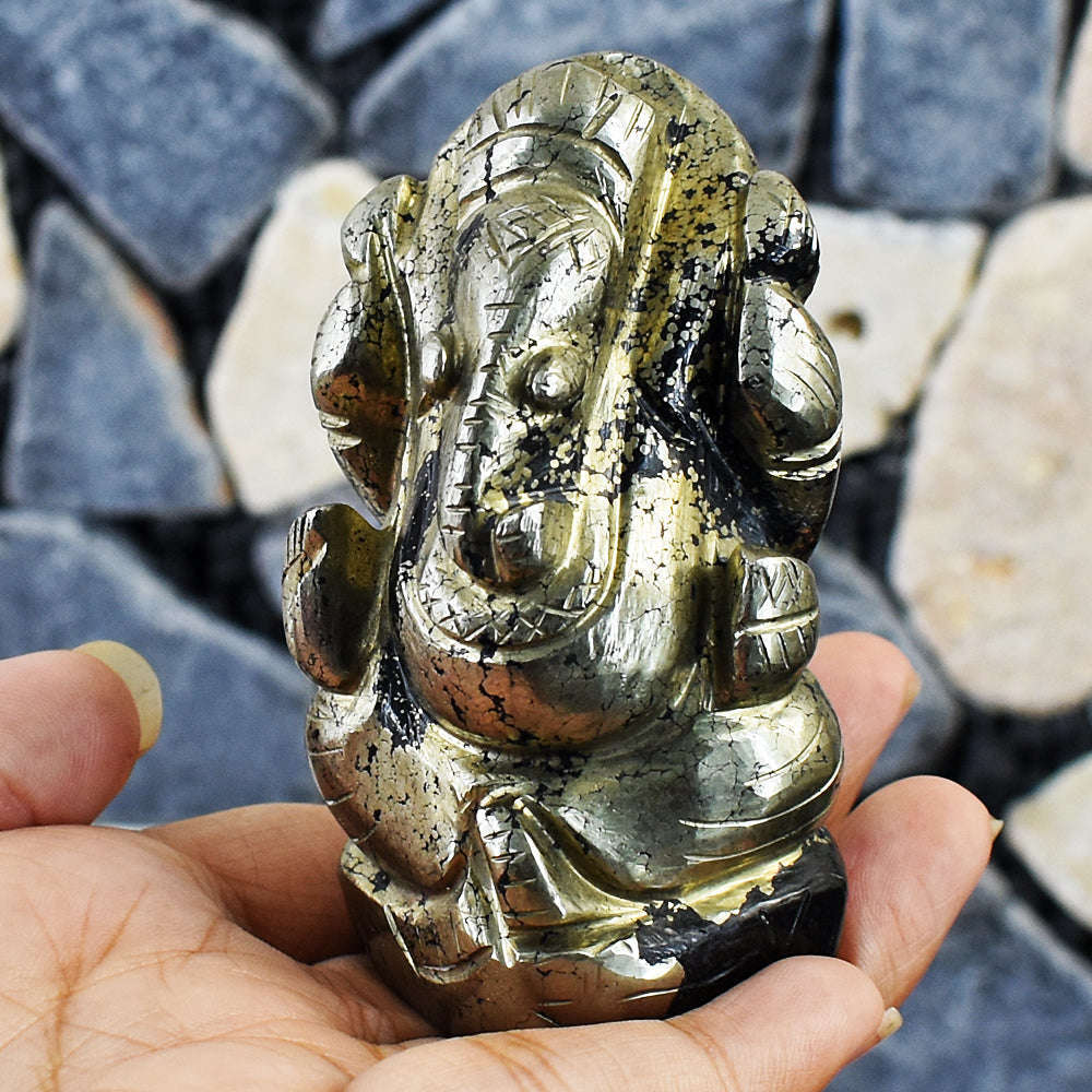 gemsmore:Stunning Pyrite Hand Carved Genuine Crystal Gemstone Carving Lord Ganesha