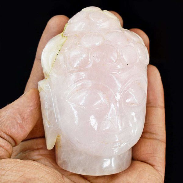 gemsmore:Stunning Rose Quartz  Hand Carved Genuine Crystal Gemstone Carving Buddha Head