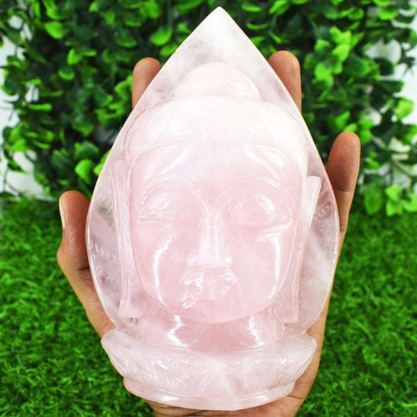 gemsmore:Stunning Rose Quartz  Hand Carved Genuine Crystal Gemstone Carving Huge Leaf Palm Buddha Head