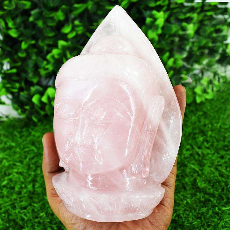 gemsmore:Stunning Rose Quartz  Hand Carved Genuine Crystal Gemstone Carving Huge Leaf Palm Buddha Head