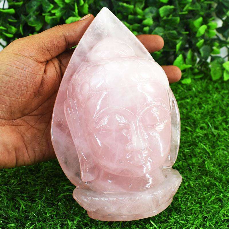 gemsmore:Stunning Rose Quartz  Hand Carved Genuine Crystal Gemstone Carving Huge Leaf Palm Buddha Head