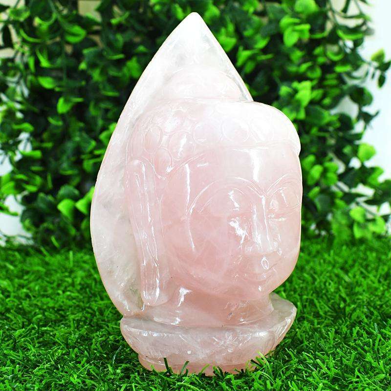 gemsmore:Stunning Rose Quartz  Hand Carved Genuine Crystal Gemstone Carving Huge Leaf Palm Buddha Head