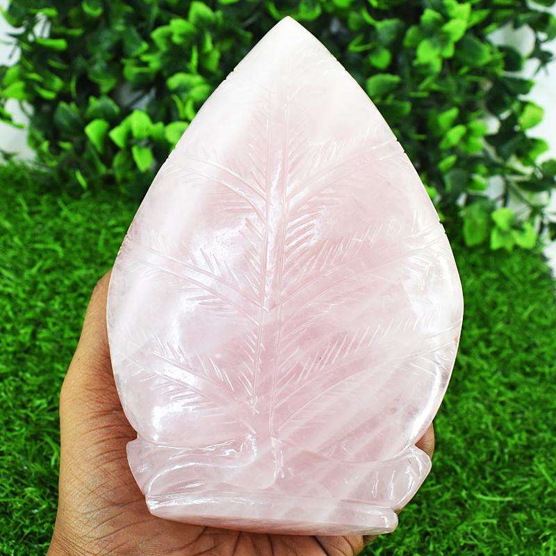 gemsmore:Stunning Rose Quartz  Hand Carved Genuine Crystal Gemstone Carving Huge Leaf Palm Buddha Head