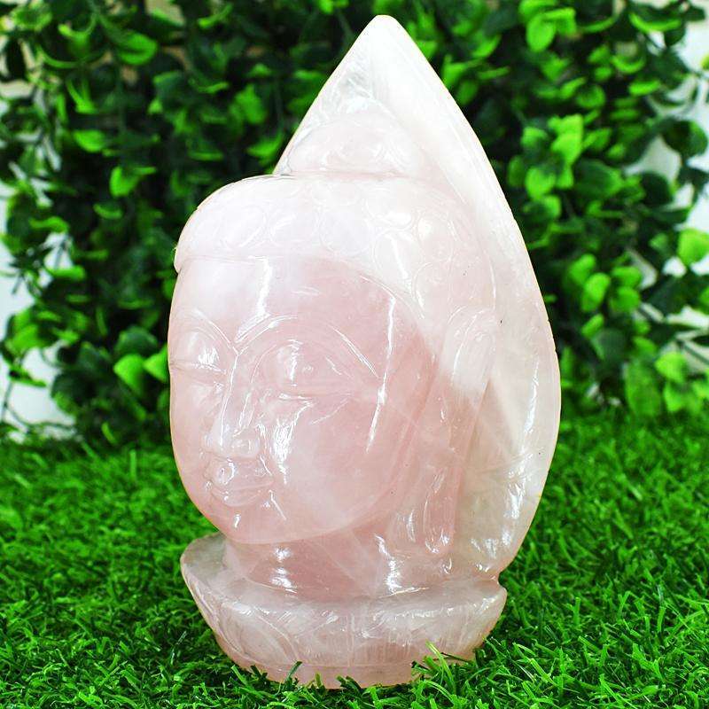 gemsmore:Stunning Rose Quartz  Hand Carved Genuine Crystal Gemstone Carving Huge Leaf Palm Buddha Head