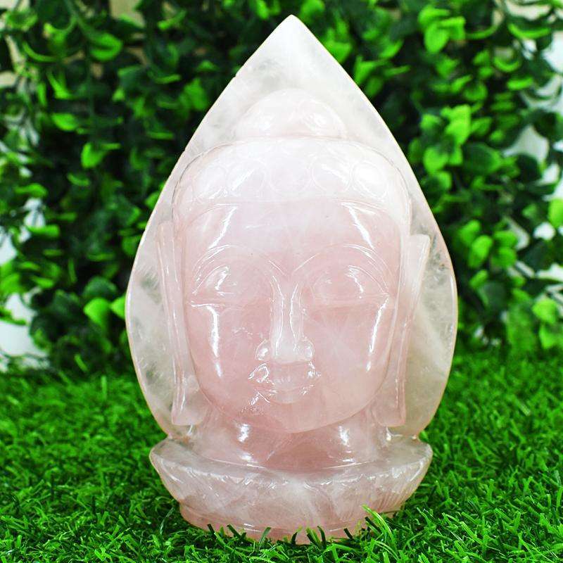 gemsmore:Stunning Rose Quartz  Hand Carved Genuine Crystal Gemstone Carving Huge Leaf Palm Buddha Head