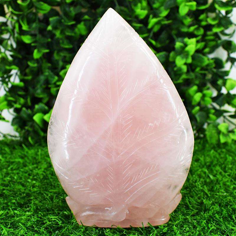 gemsmore:Stunning Rose Quartz  Hand Carved Genuine Crystal Gemstone Carving Huge Leaf Palm Buddha Head