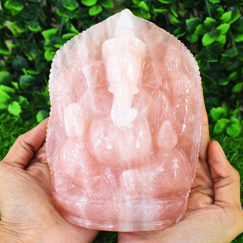 gemsmore:Stunning Rose Quartz Hand Carved Genuine Crystal Gemstone Carving Lord Ganesha