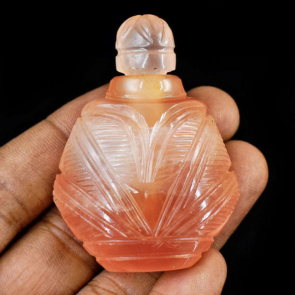 gemsmore:Stunning Rose Quartz  Hand Carved Genuine Crystal Gemstone Carving Perfume Bottle