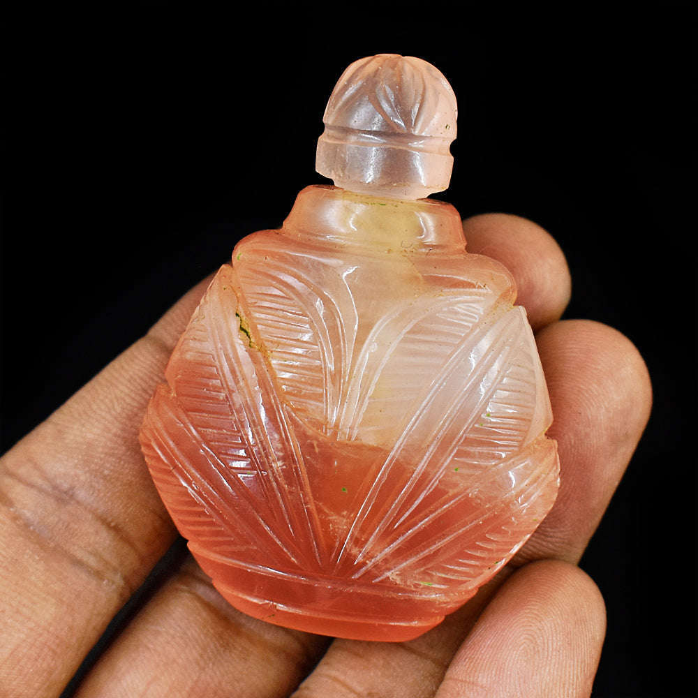 gemsmore:Stunning Rose Quartz  Hand Carved Genuine Crystal Gemstone Carving Perfume Bottle