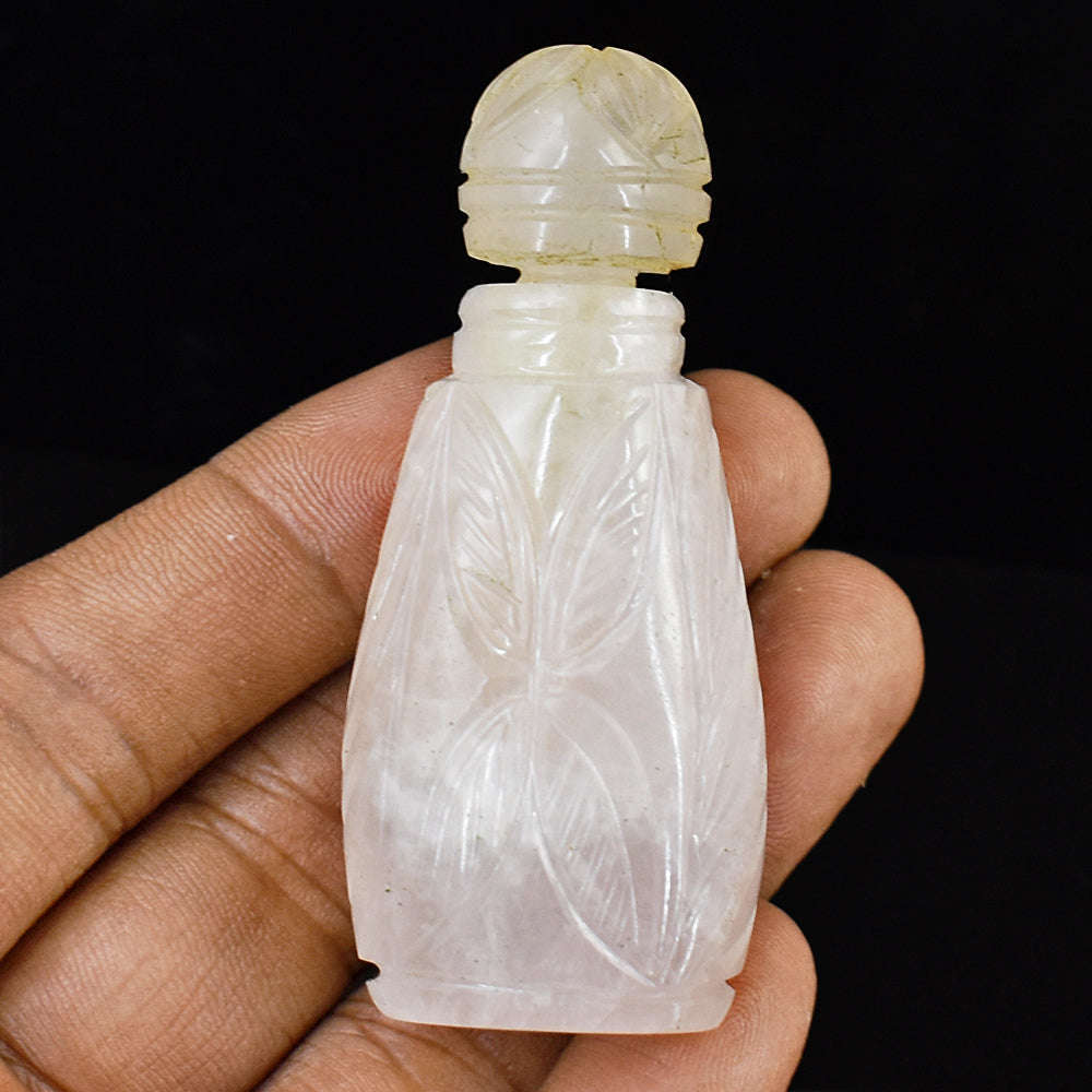 gemsmore:Stunning Rose Quartz  Hand Carved Genuine Crystal Gemstone Carving Perfume Bottle