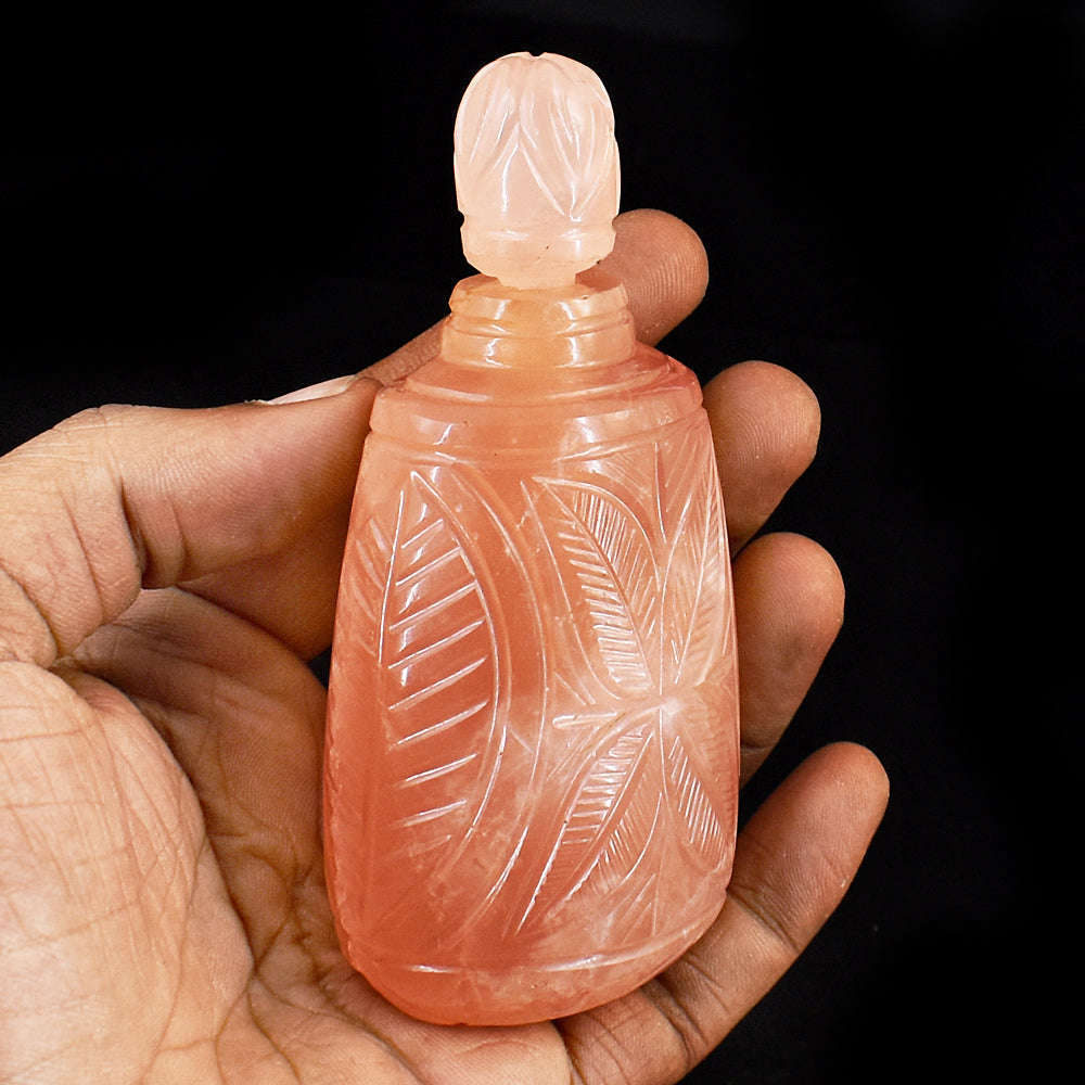 gemsmore:Stunning Rose Quartz Hand Carved Genuine Crystal Gemstone Carving Perfume Bottle