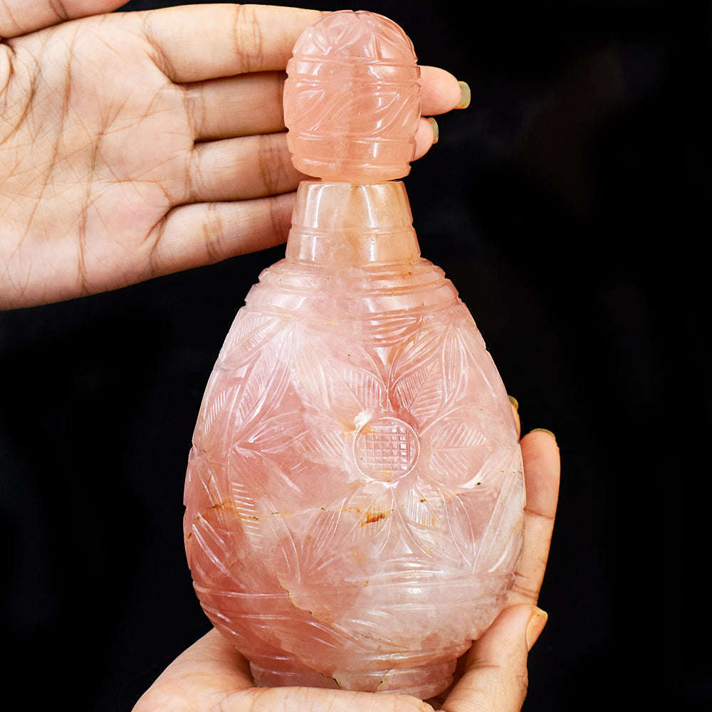 gemsmore:Stunning Rose Quartz Hand Carved Genuine Crystal Gemstone Carving Perfume Bottle