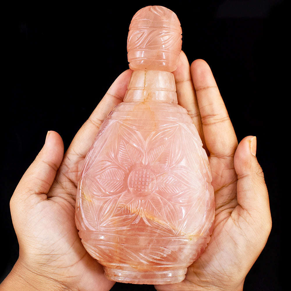 gemsmore:Stunning Rose Quartz Hand Carved Genuine Crystal Gemstone Carving Perfume Bottle