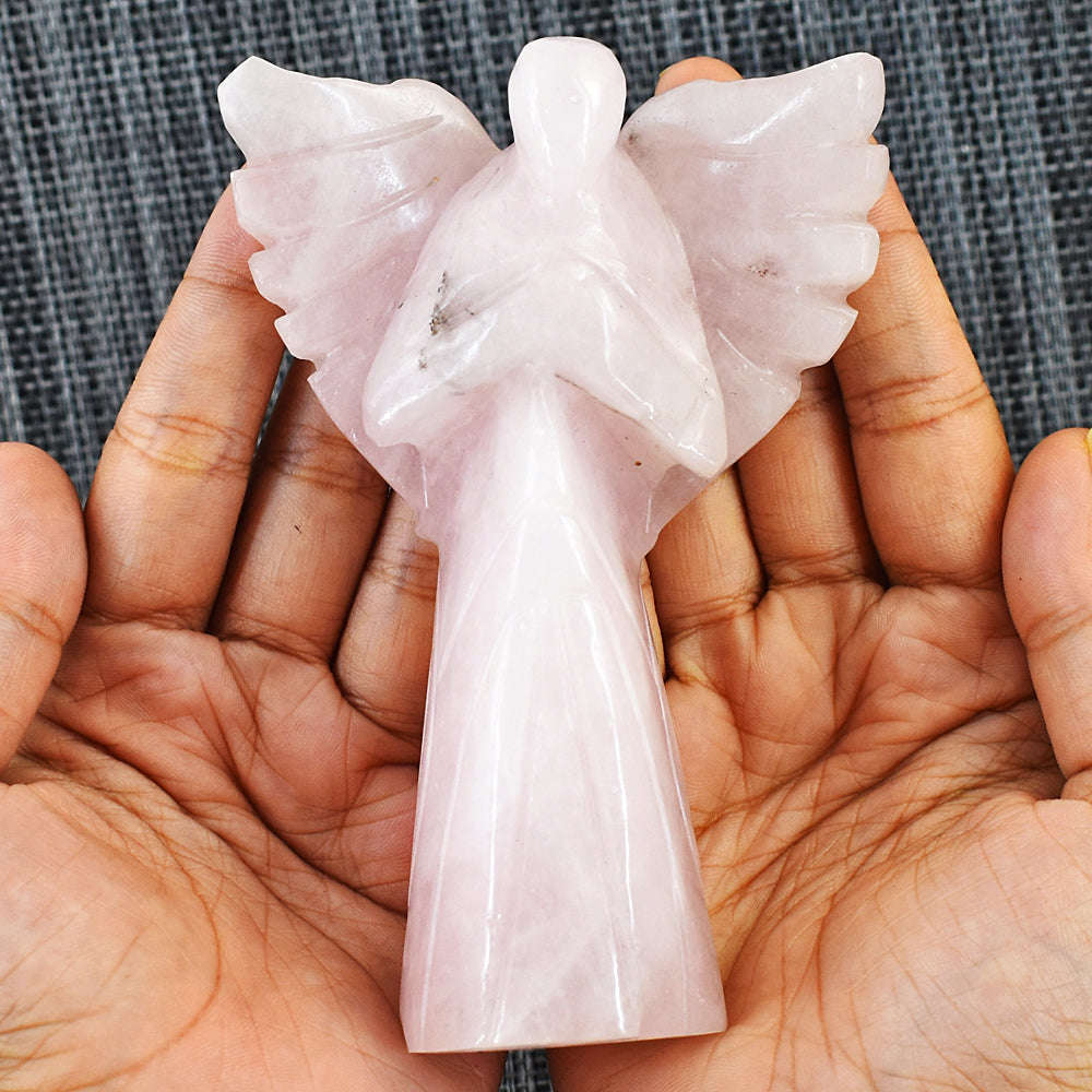 gemsmore:Stunning Rose Quartz Hand Carved Genuine Crystal Gemstone Carving Praying Angel