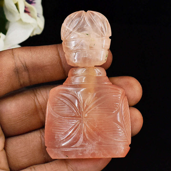 gemsmore:Stunning Rose Quatz Hand Carved Genuine Crystal Gemstone Carving Perfume Bottle