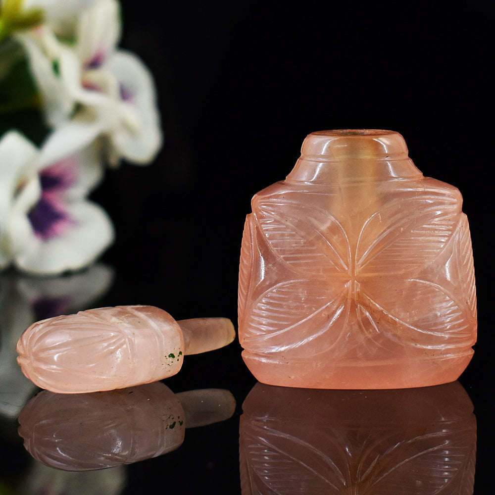 gemsmore:Stunning Rose Quatz Hand Carved Genuine Crystal Gemstone Carving Perfume Bottle