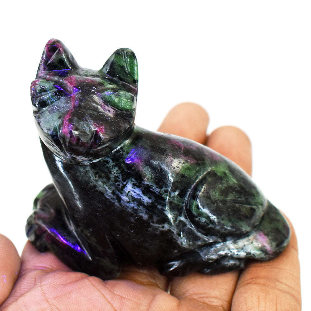 gemsmore:Stunning Ruby Zoisite Hand Carved Genuine Crystal Gemstone Carving Cat