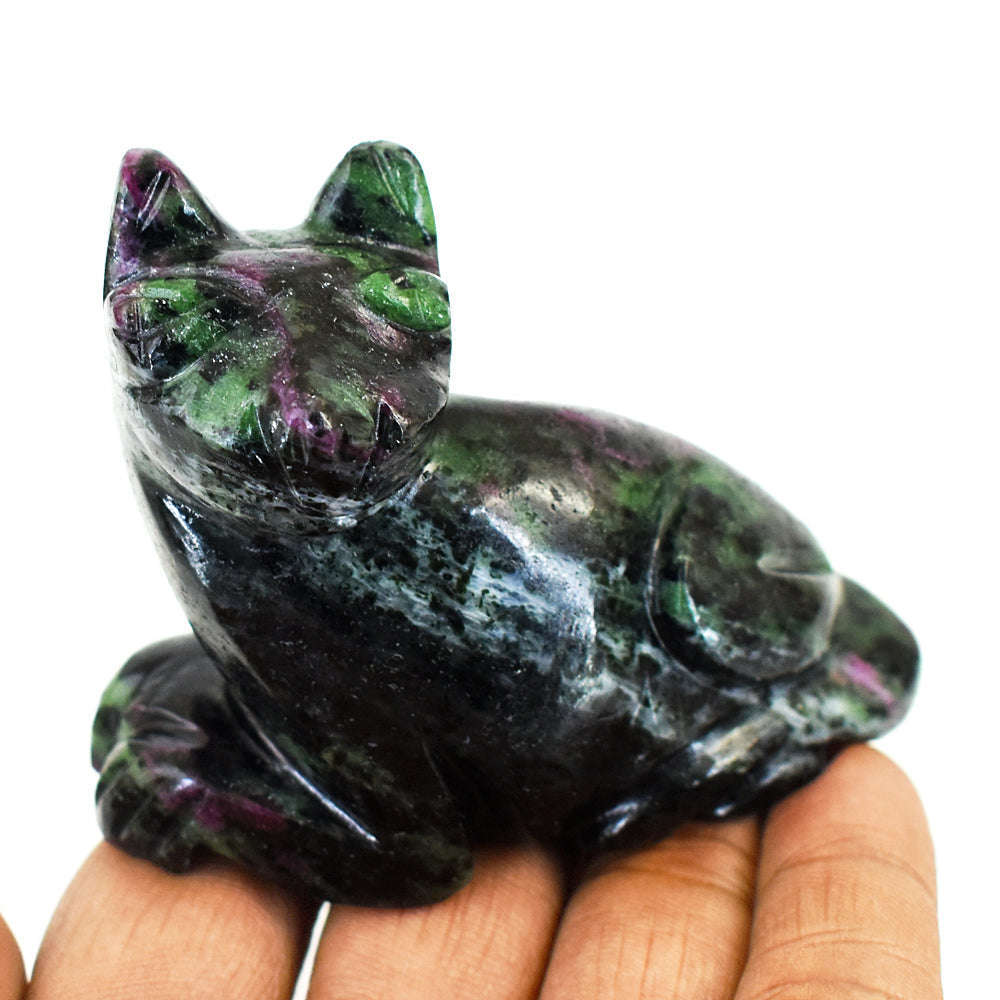 gemsmore:Stunning Ruby Zoisite Hand Carved Genuine Crystal Gemstone Carving Cat