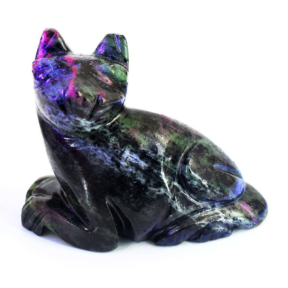 gemsmore:Stunning Ruby Zoisite Hand Carved Genuine Crystal Gemstone Carving Cat