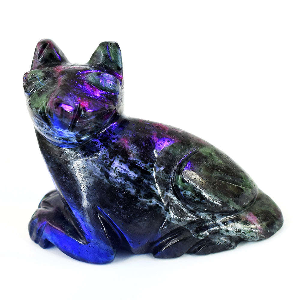 gemsmore:Stunning Ruby Zoisite Hand Carved Genuine Crystal Gemstone Carving Cat