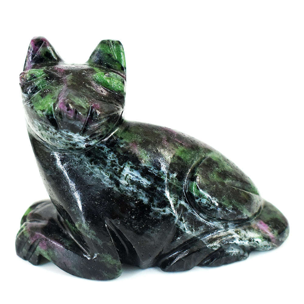 gemsmore:Stunning Ruby Zoisite Hand Carved Genuine Crystal Gemstone Carving Cat