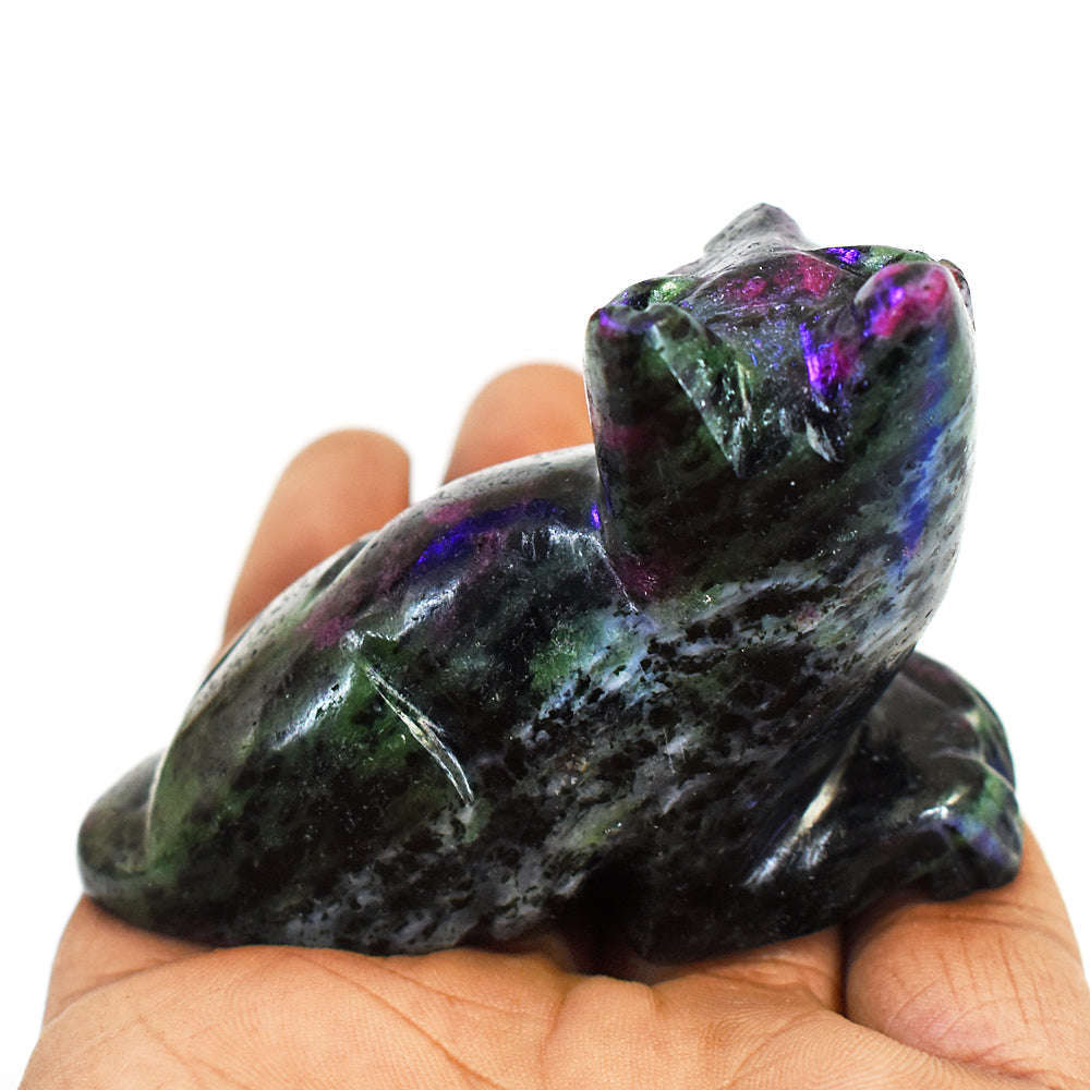 gemsmore:Stunning Ruby Zoisite Hand Carved Genuine Crystal Gemstone Carving Cat