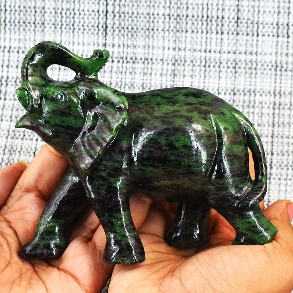 gemsmore:Stunning Ruby Zoisite Hand Carved Genuine Crystal Gemstone Carving Elephant