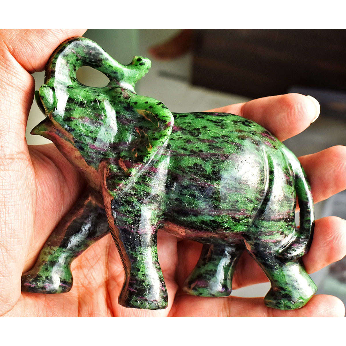 gemsmore:Stunning Ruby Zoisite Hand Carved Genuine Crystal Gemstone Carving Elephant