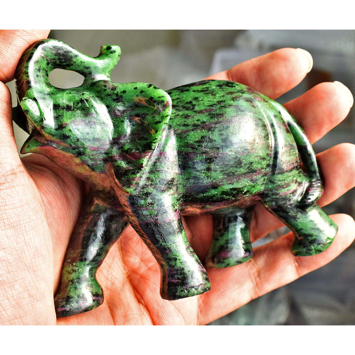 gemsmore:Stunning Ruby Zoisite Hand Carved Genuine Crystal Gemstone Carving Elephant